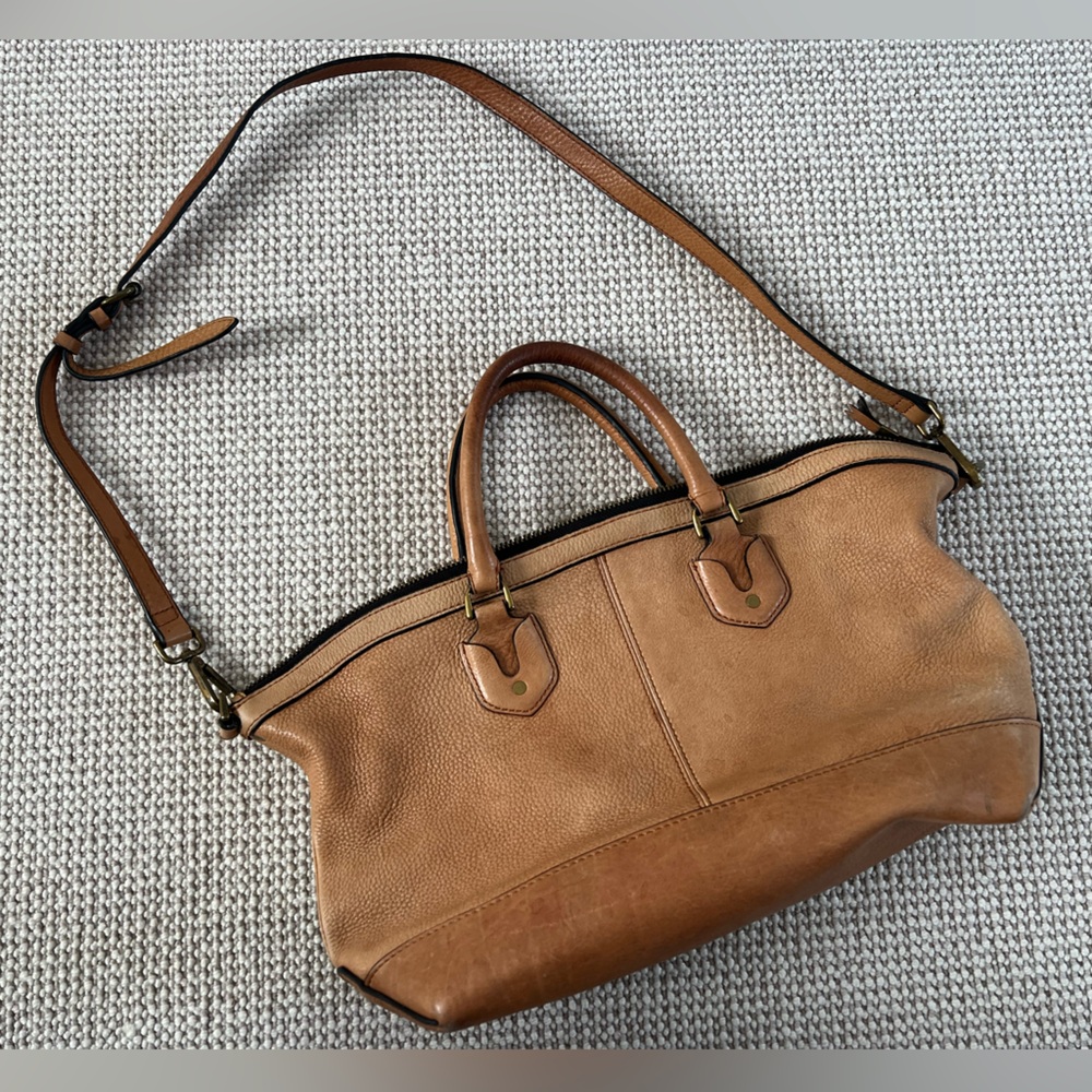 Madewell tan leather zip top tote bag with crossbody strap good condition
